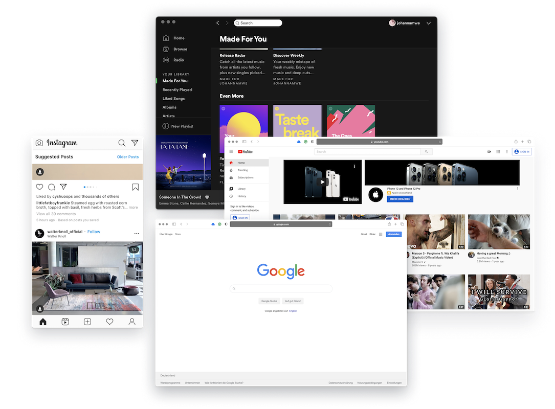 Screenshots of the popular online platforms Google, Instagram, YouTube and Spotify