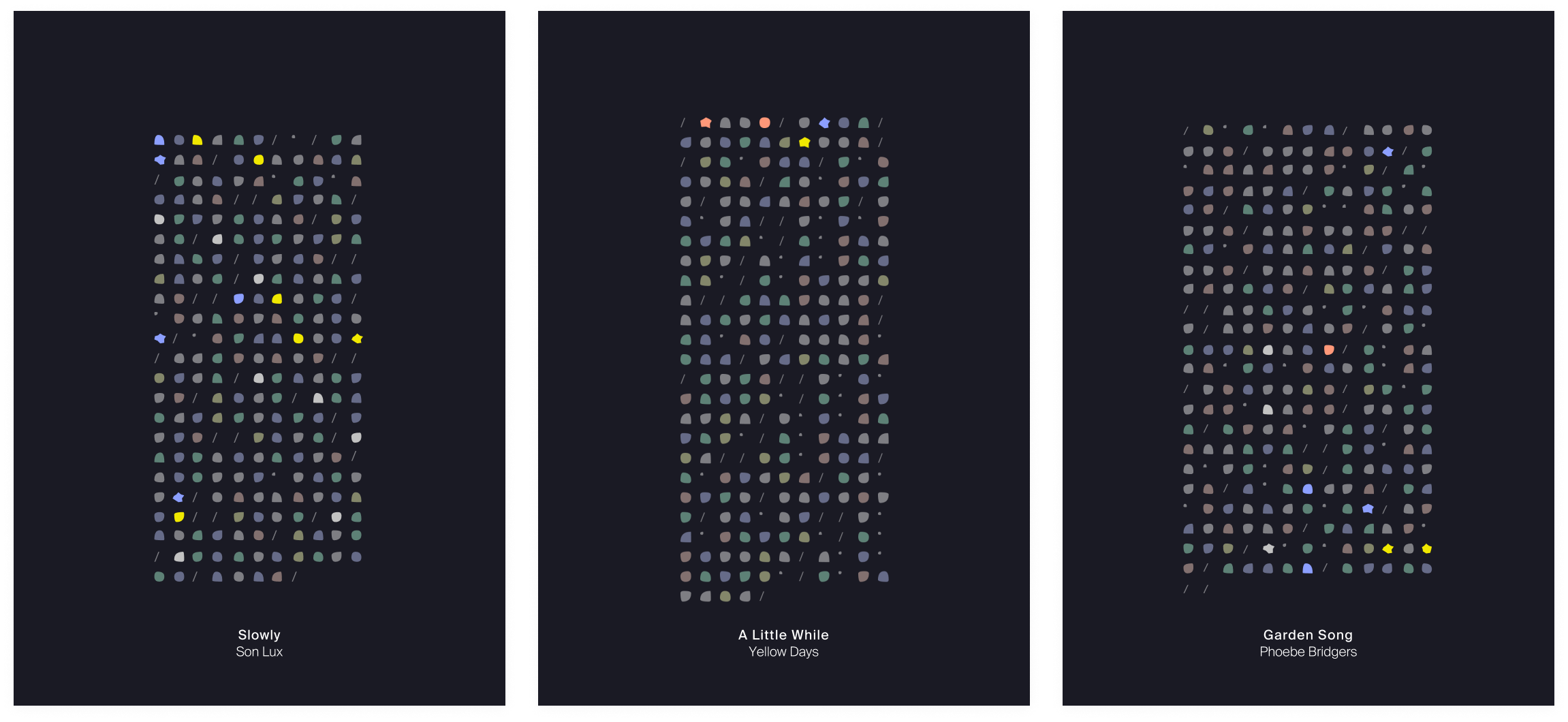A set of visualizations of three songs: 'Slowly' by Son Lux, 'A Little While' by Yellow Days and 'Garden Song' by Phoebe Bridgers